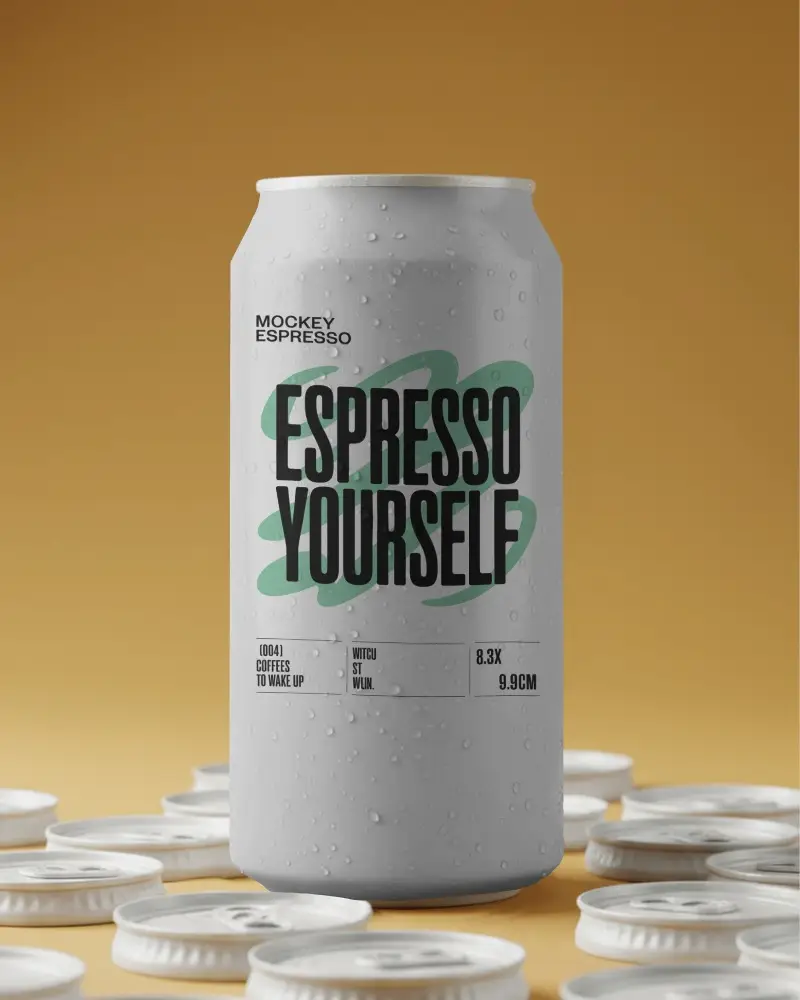 Premium Coffee Can Mockup With Condensation Drops On Warm Golden Background And Scattered Lid