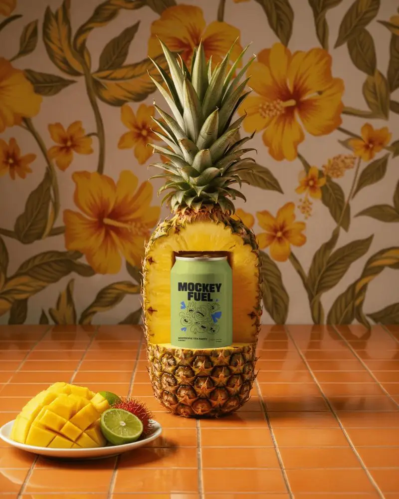 Tropical Pineapple Soda Can Mockup With Hibiscus Wallpaper And Terracotta Tile Surface
