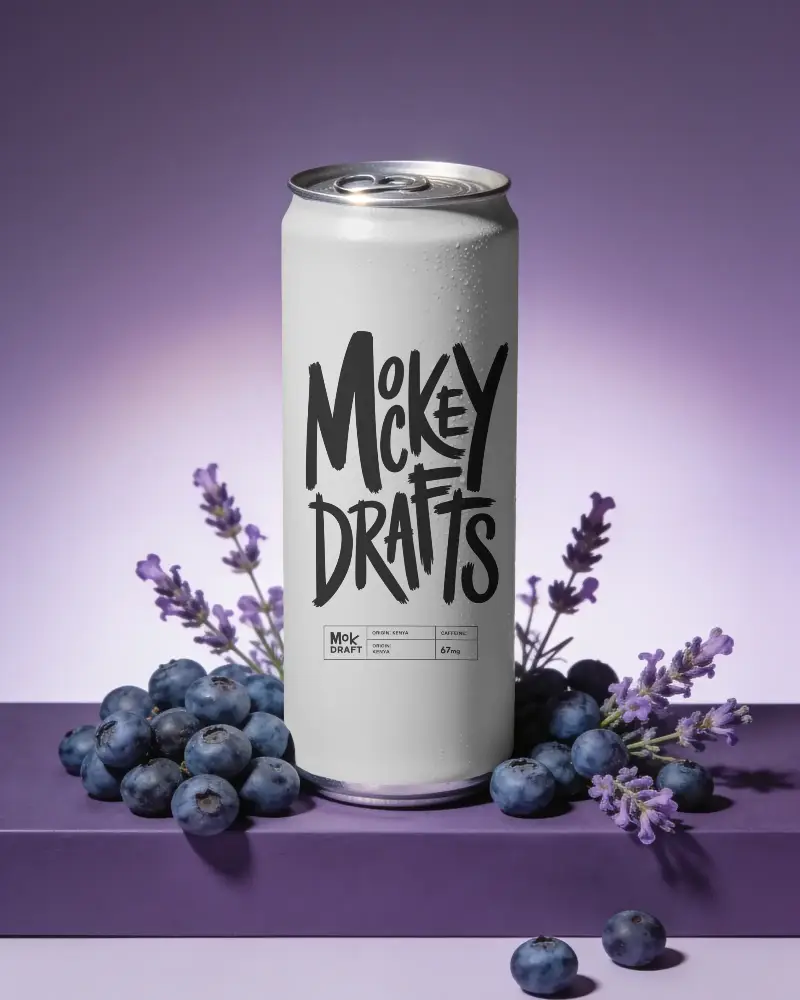 Refreshing Blueberry Flavored Beverage Can Mockup With Floral Decor And Cold Condensation