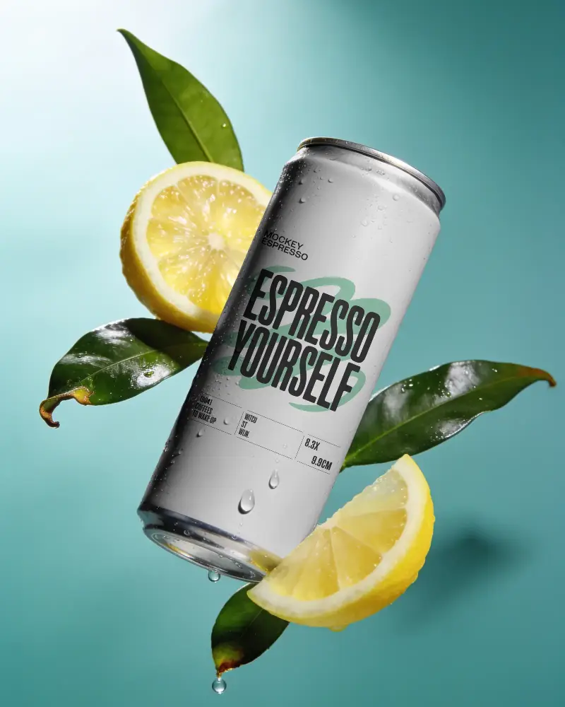 Refreshing Lemon Beverage Can Mockup With Fresh Lemon Slices And Green Leaves Floating