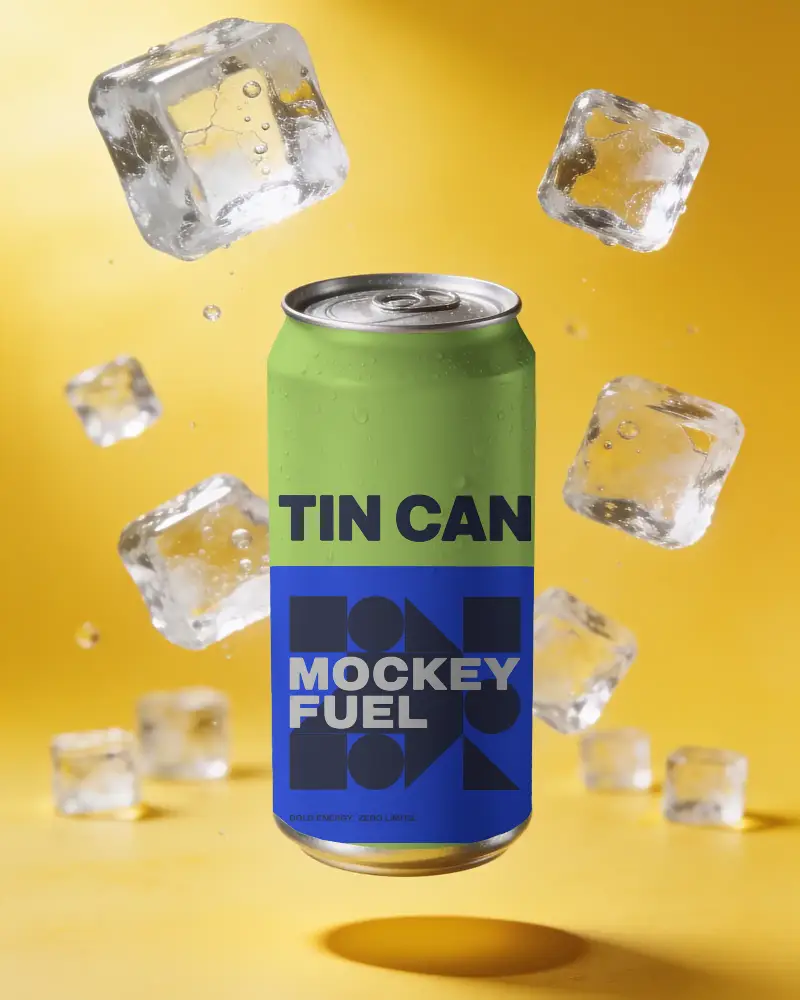 Chilled Aluminum Beverage Can Mockup With Ice Cubes Floating On Vibrant Backdrop