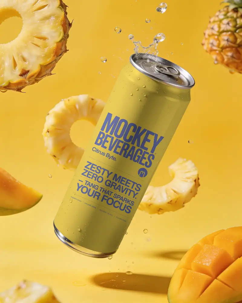 Sleek Modern Can Mockup With Splash Water And Floating Tropical Fruits On Bright Background