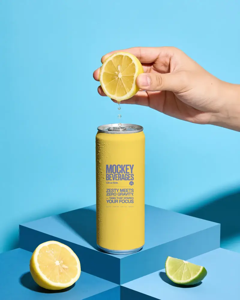 Metallic Slim Can Mockup With Fresh Citrus Fruit Squeezing Juice On Top For Promotion