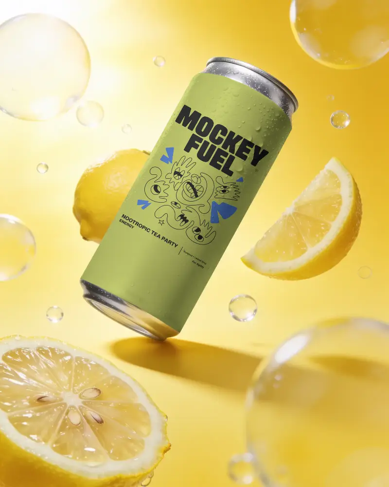 Refreshing Lemon Beverage Can Mockup With Bubble Fizz And Citrus Slice On Bright Background