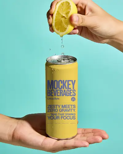Refreshing Cold Beverage Can Mockup With Natural Lemon Juice Squeeze For Freshness