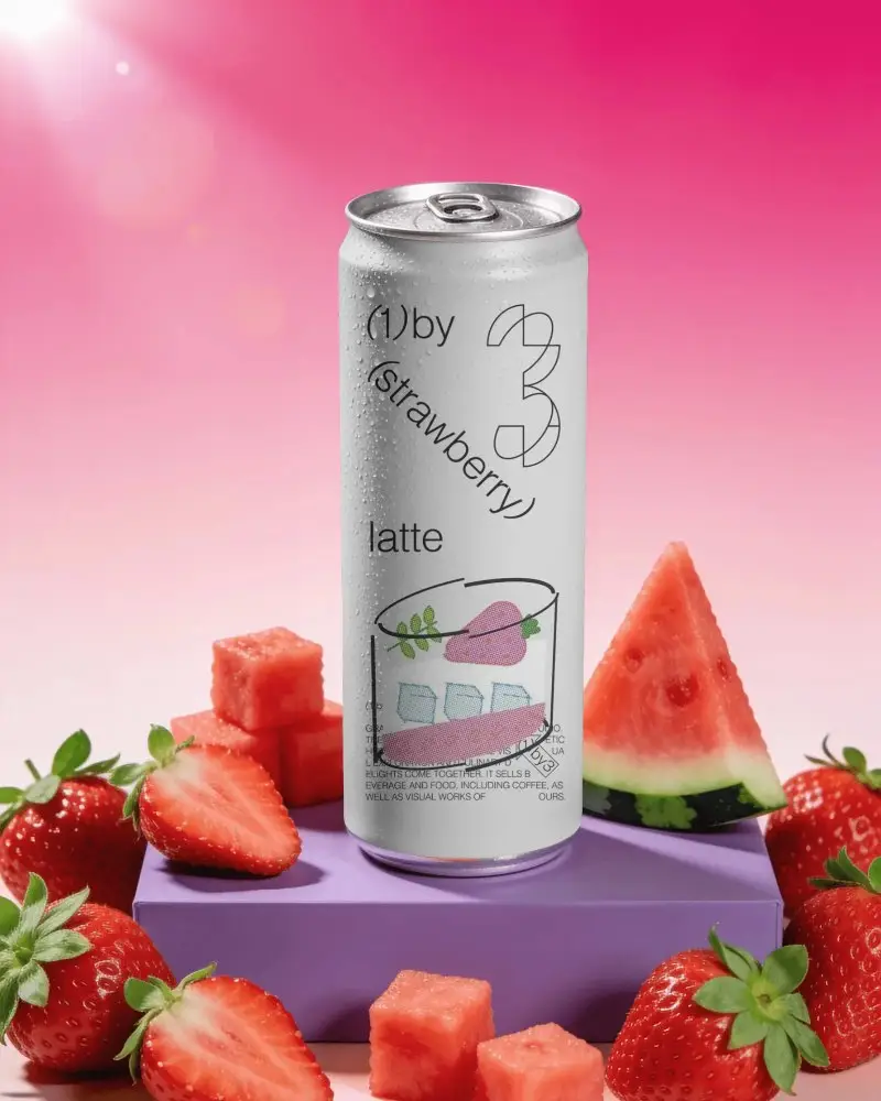 Refreshing Fruit Beverage Can Mockup On Modern Purple Platform With Fresh Strawberry Cubes