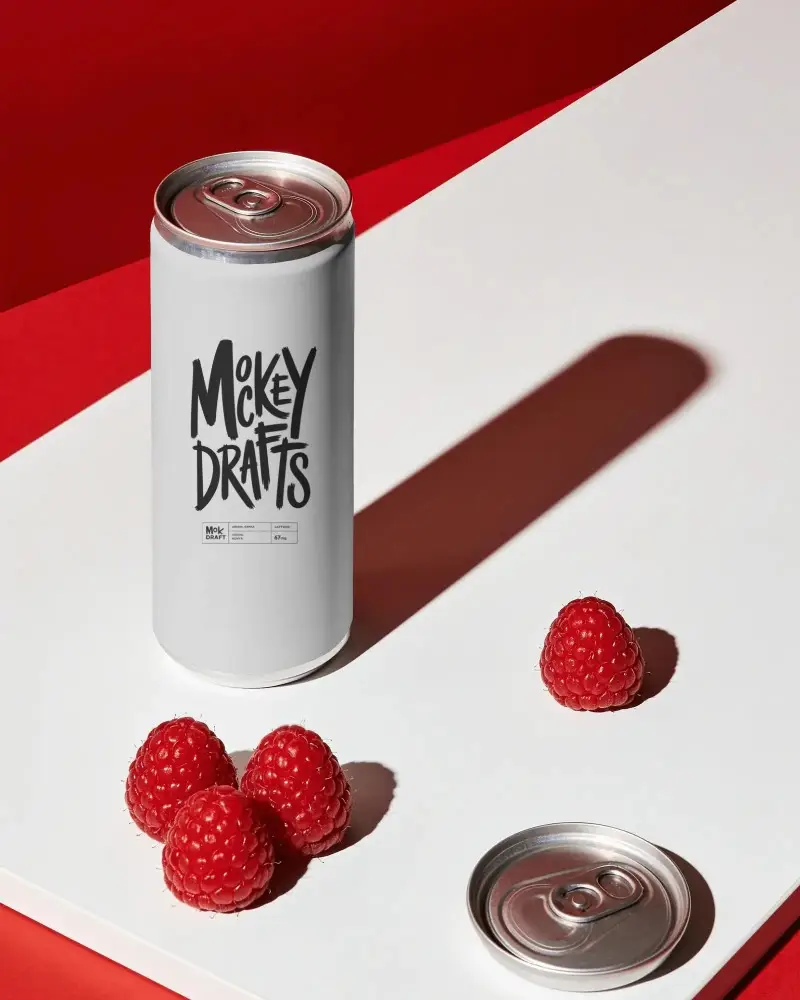 Sleek Drink Can Mockup With Open Top And Bright Fruit Accent On Contrasting Background