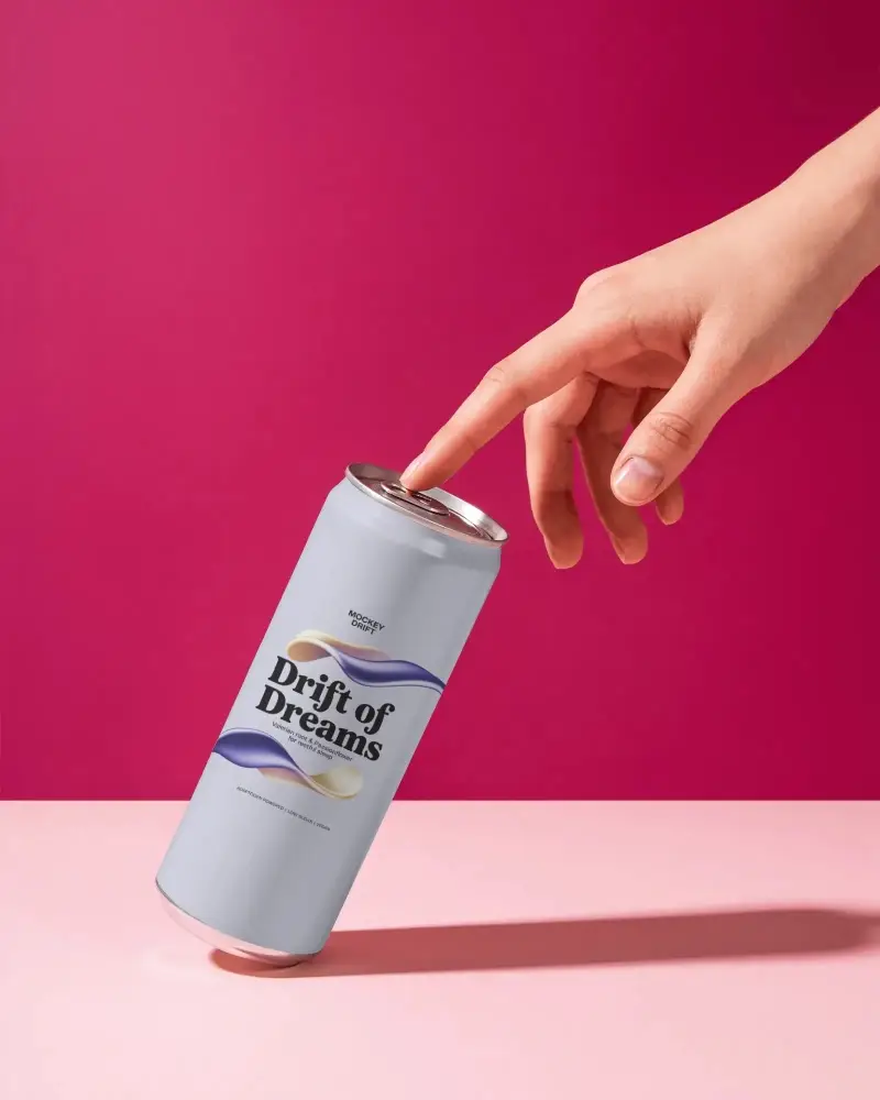 Sleek Slim Can Mockup Standing Tilted With Hand Touching Top On Solid Background