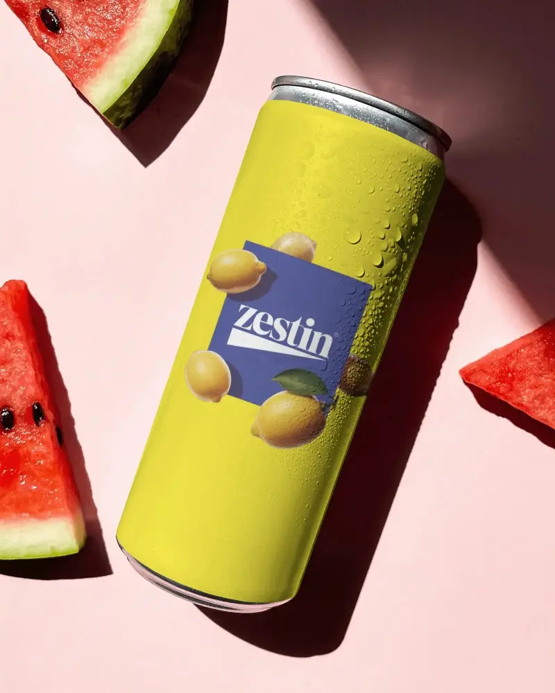Premium Aluminum Can Mockup With Condensation Fruit Themes Refreshing Beverage Template