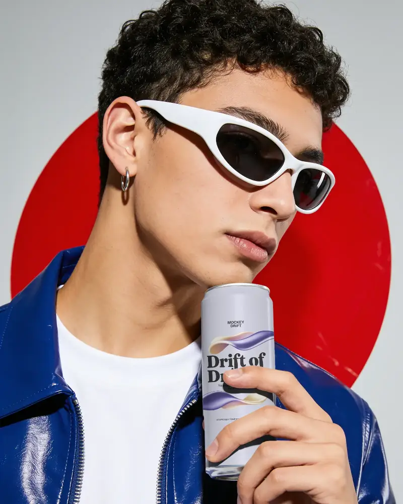 Stylish Male Model Showcasing Minimalistic Aluminum Drink Can Mockup For Branding