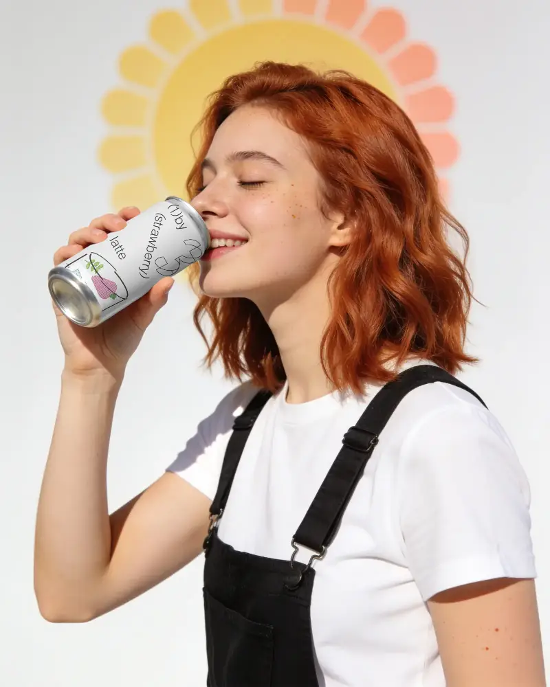 Young Woman Enjoying Refreshing Beverage From Blank Aluminum Can Mockup Outdoor
