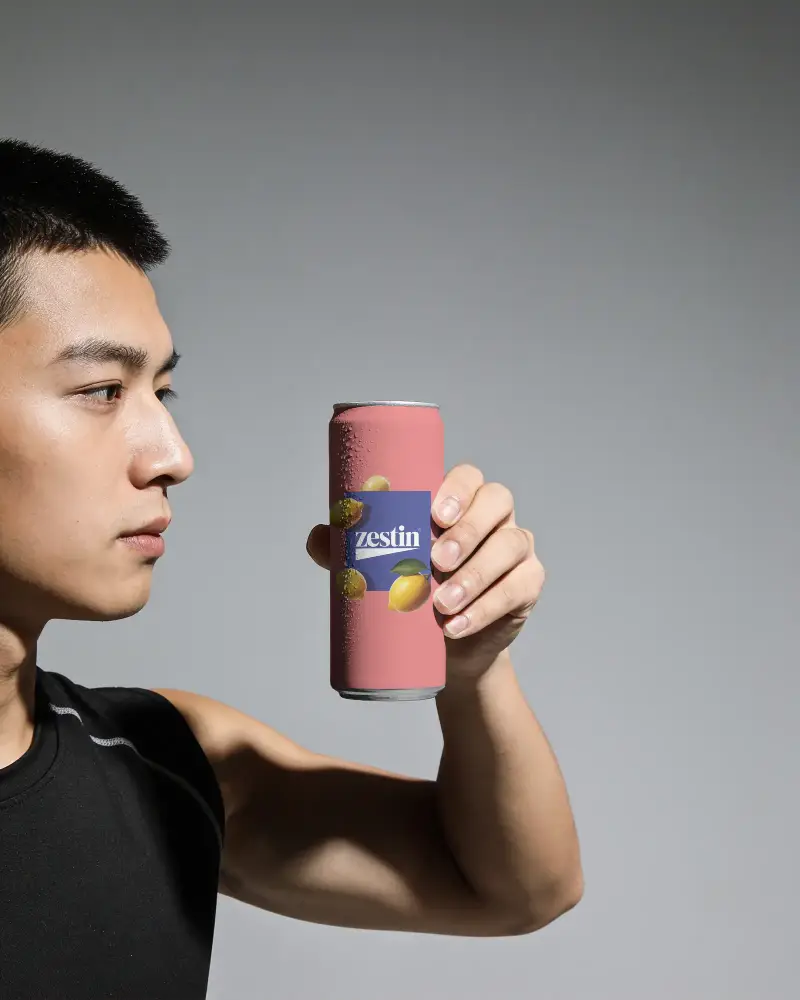 Person Holding Cold Beverage Can Mockup With Condensation Drops For Advertising