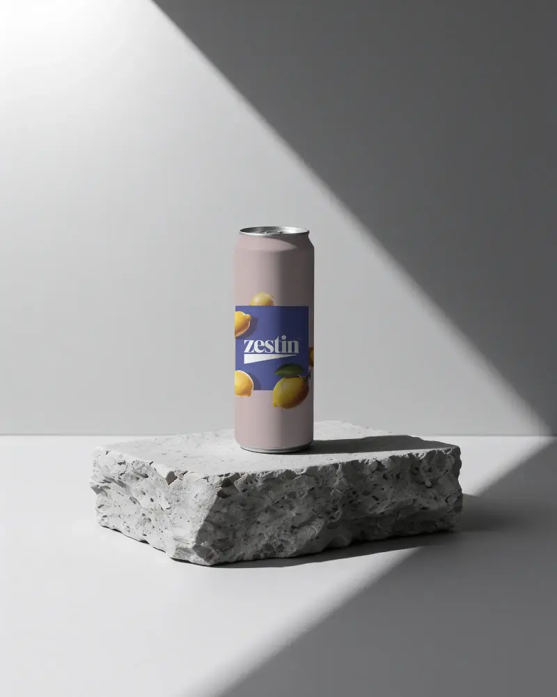 Premium Beverage Can Mockup Prototype On Natural Stone Plate With Sharp Light Rays