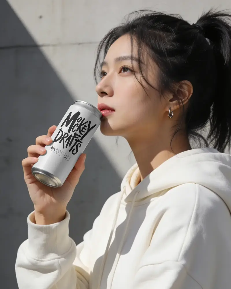 Woman Holding Beverage Can Mockup For Drink Packaging Design Promotion