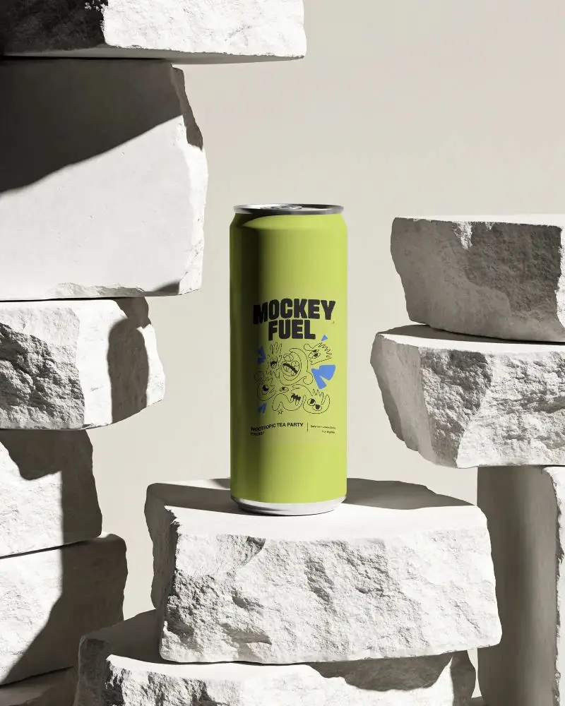 Minimalist Aluminum Can Mockup With Stacked Rough Stone Background Presentation
