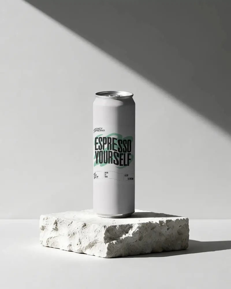 Sleek Tall Beverage Can Mockup On Textured Stone Minimalistic Background For Branding