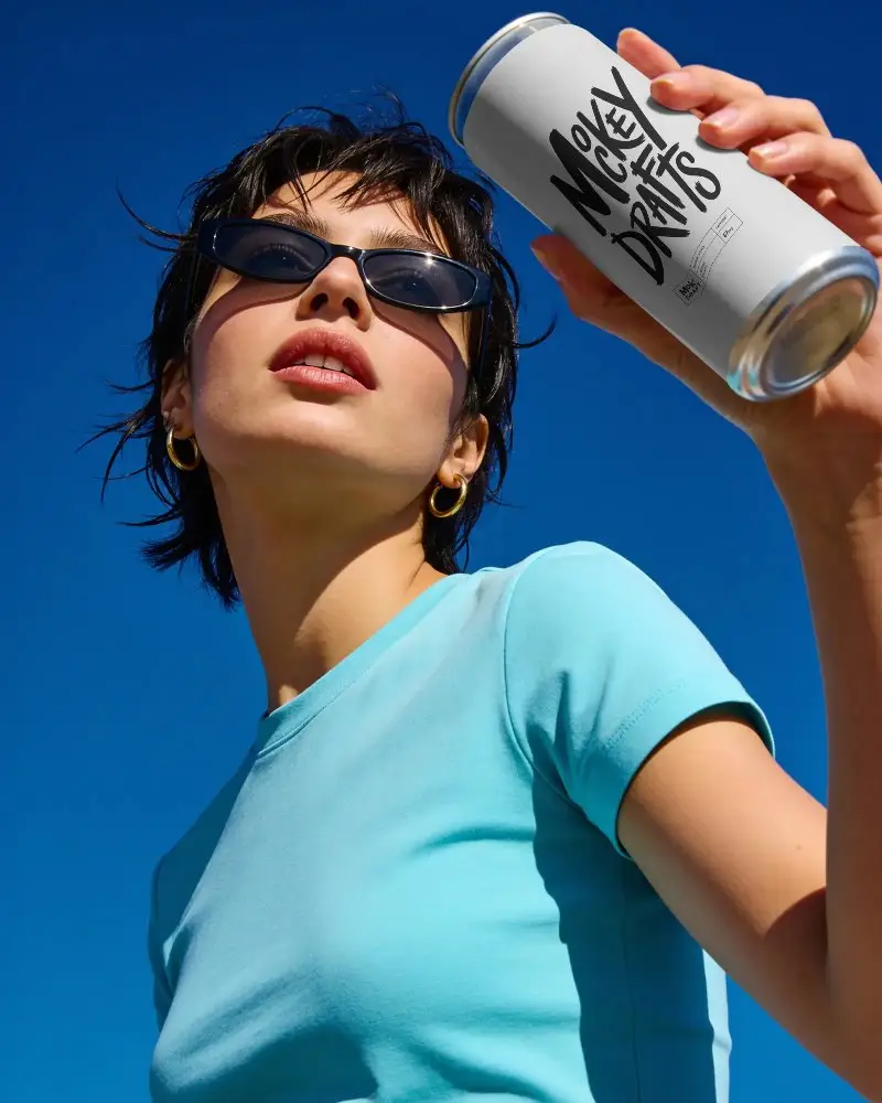 Woman Holding Beverage Can Mockup Outdoor Summer Style Clean Packaging Design