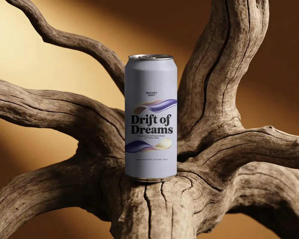Blank Aluminum Drink Can Mockup On Intricate Wood Branches For Brand Showcase
