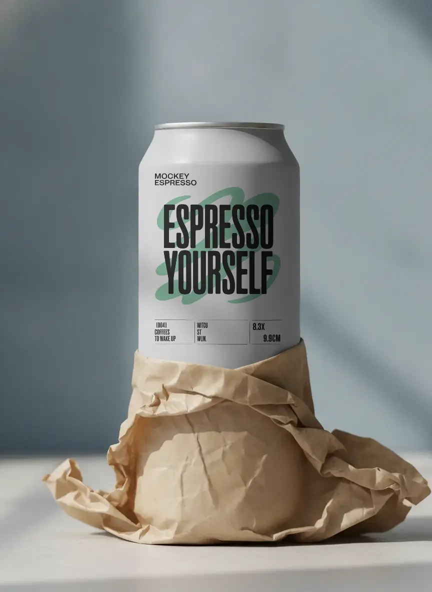 Matte Finish Can Mockup With Crumpled Paper Wrapper For Product Brand Presentation