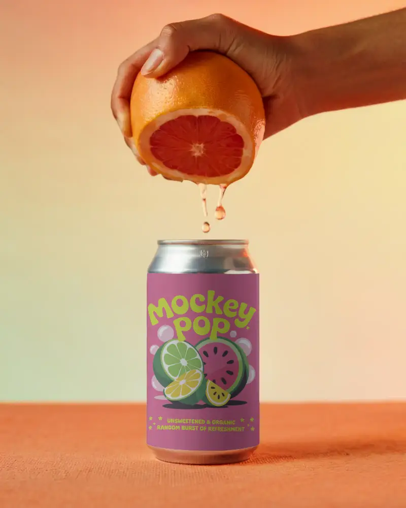 Grapefruit Juice Dripping On Can Mockup Hand Holding Citrus Scene Soft Gradient Backdrop