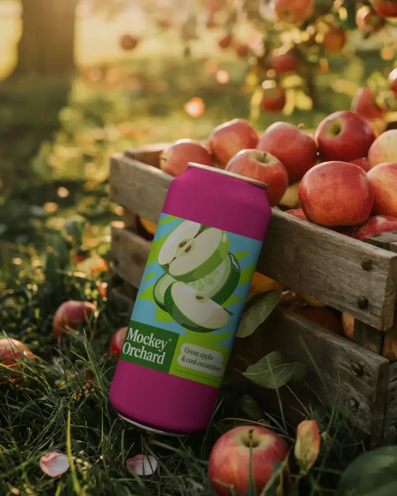 Can Mockup Leaning Against Crate Filled With Apples In Sunset Orchard Scene With Grassy Base