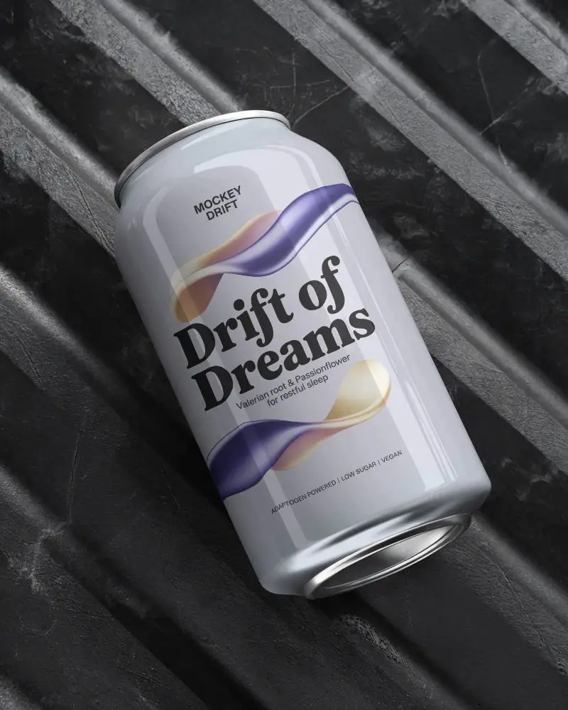 Angled Can Mockup On Industrial Dark Metal Surface With Harsh Highlight And Ridged Texture