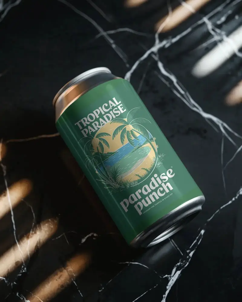 Angled Can Mockup On Black Marble With Warm Light Stripes And Luxurious Shadow Highlights