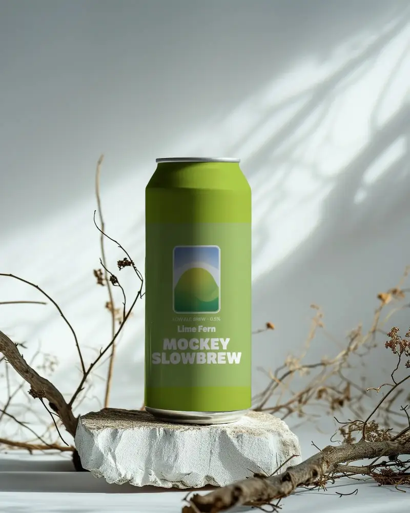 Tall Can Mockup On Natural Stone Slab With Dried Branches And Early Morning Sunlight Shadow