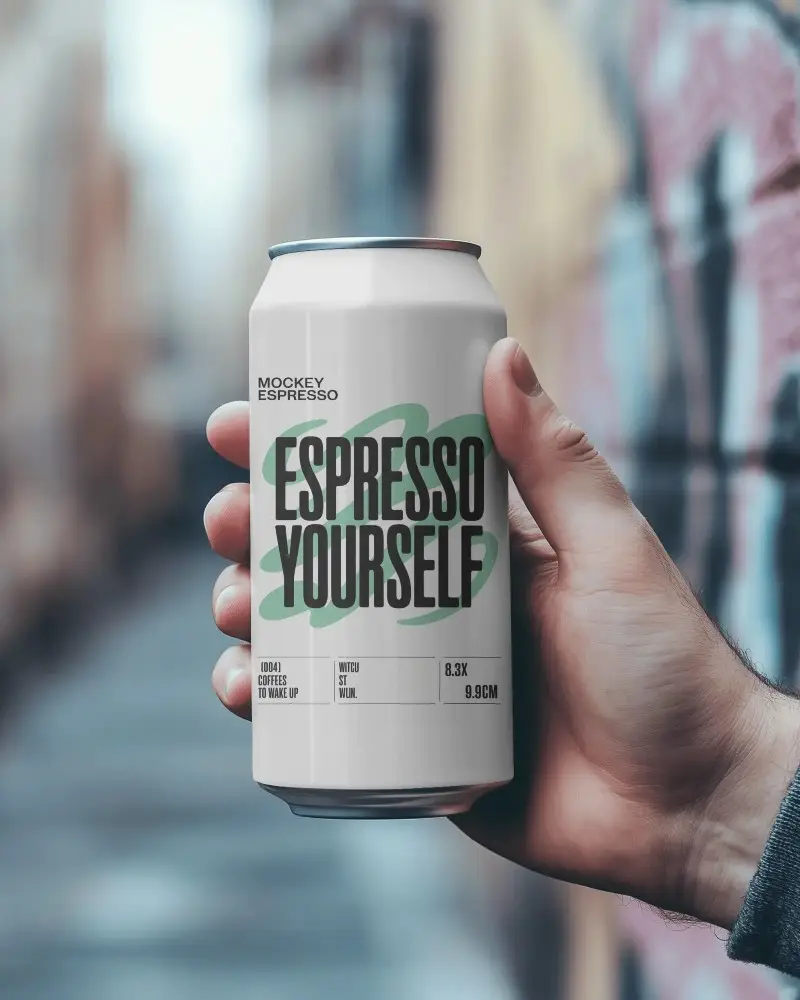 Can Mockup Held By Hand In Urban Street Background With Colorful Blur And Bokeh Depth Effect