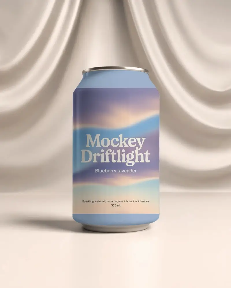 Luxury Can Mockup Front Facing On Creamy Satin Curtain Backdrop With Soft Lighting Glow