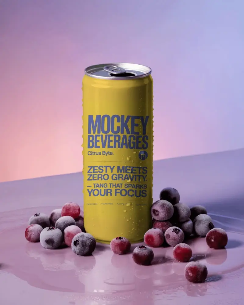 Chilled Can Mockup With Frosted Fruits On Reflective Surface For Product Display