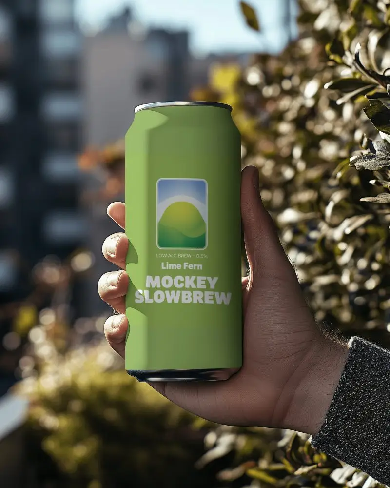 Tall Can Mockup Held By Hand Outdoors With Urban Skyline And Natural Garden Leaves In Daylight 0100