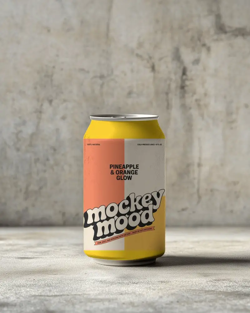 Can Mockup On Textured Floor Against Rustic Wall With Bold Retro Branding And Fruit Label Design