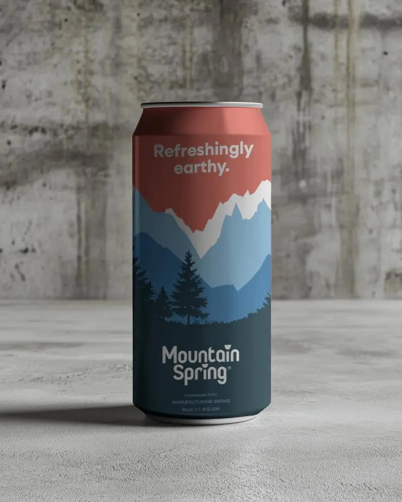 Tall Can Mockup On Concrete Surface With Rugged Wall Backdrop And Mountain Themed Nature Design
