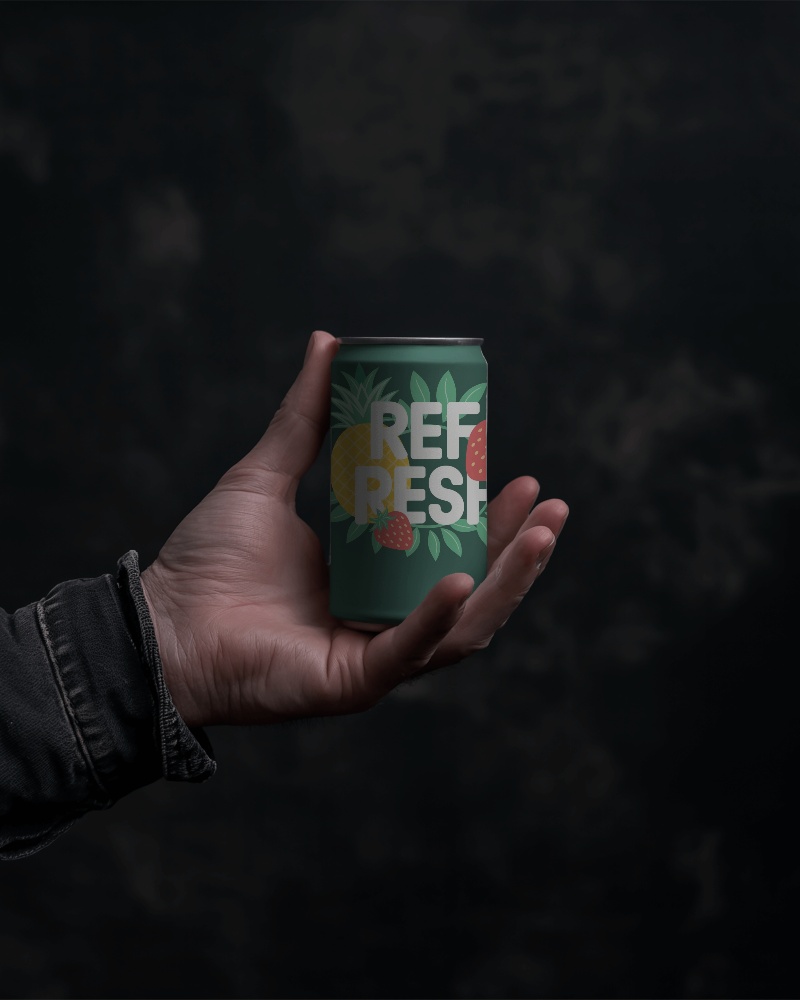 Hand Holding Can Mockup In Front Of Dark Screen