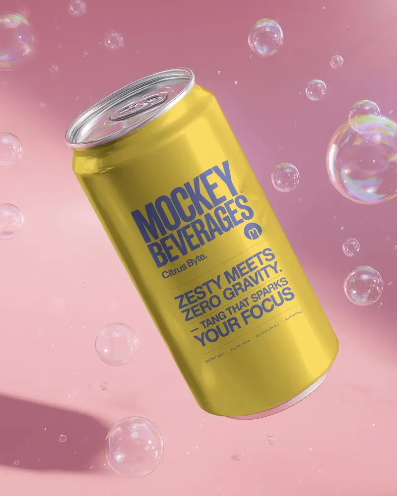 Beverage Can Packaging Mockup With Floating Bubbles Against Gradient Pink Studio Background