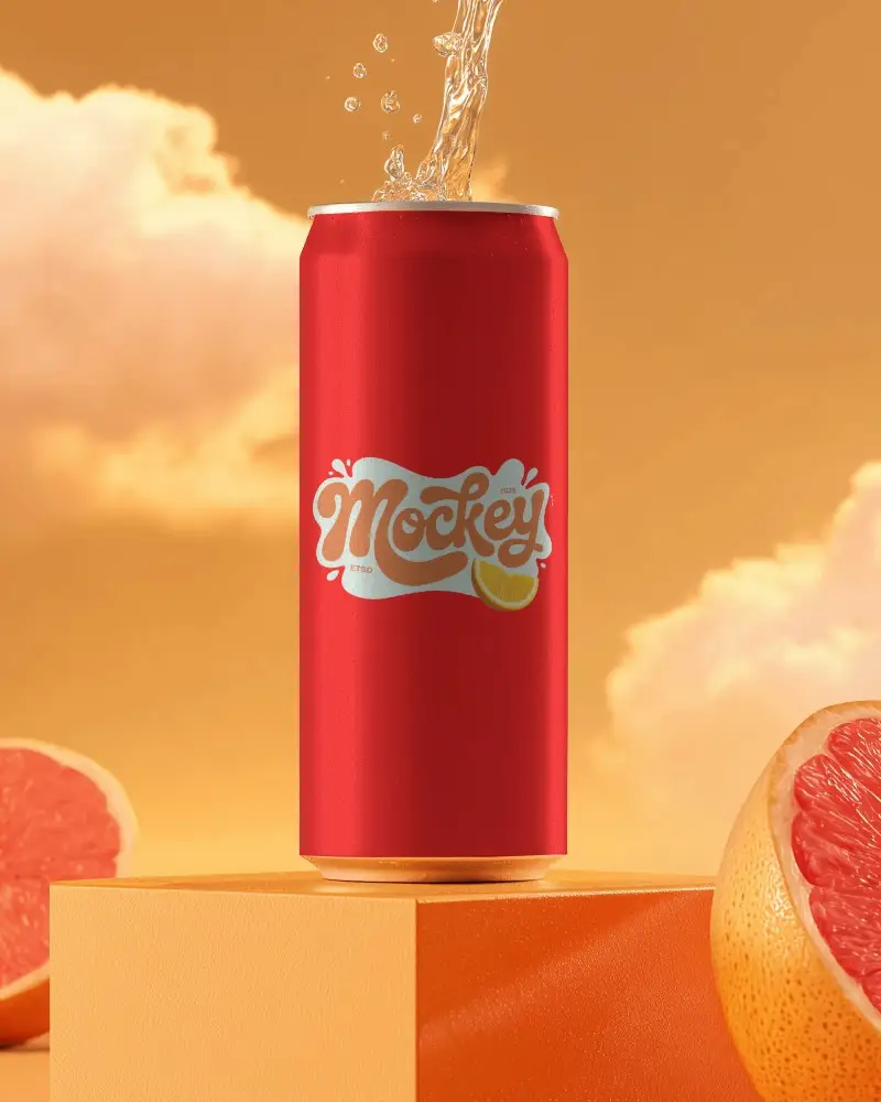 Premium Beverage Can Mockup Showcasing Refreshing Splash And Vibrant Fruit Details