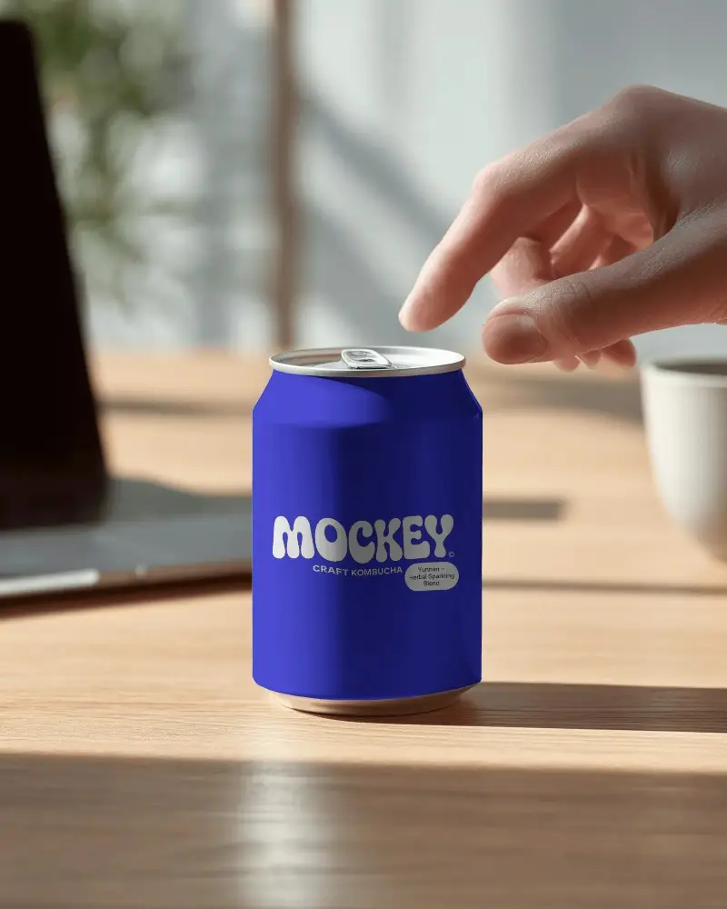 High Quality Cold Drink Can Mockup Near Laptop On Modern Wooden Desk Environment