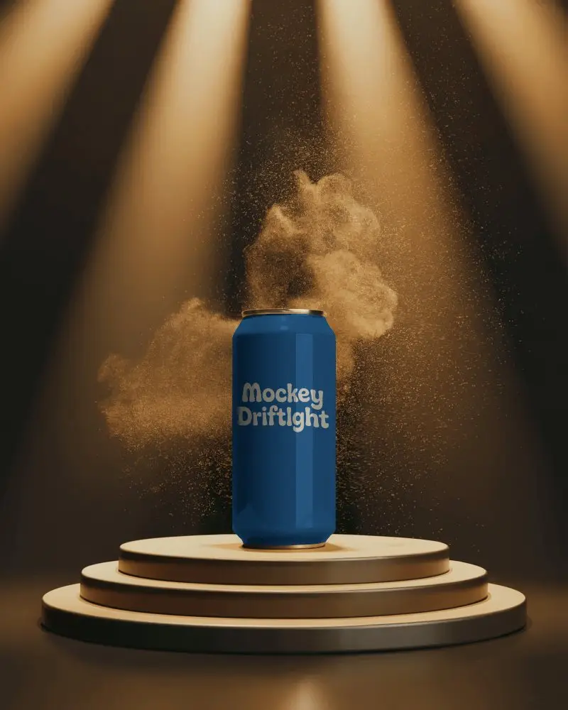 Premium Beverage Can Mockup On Luxury Podium With Atmospheric Light And Powder Cloud