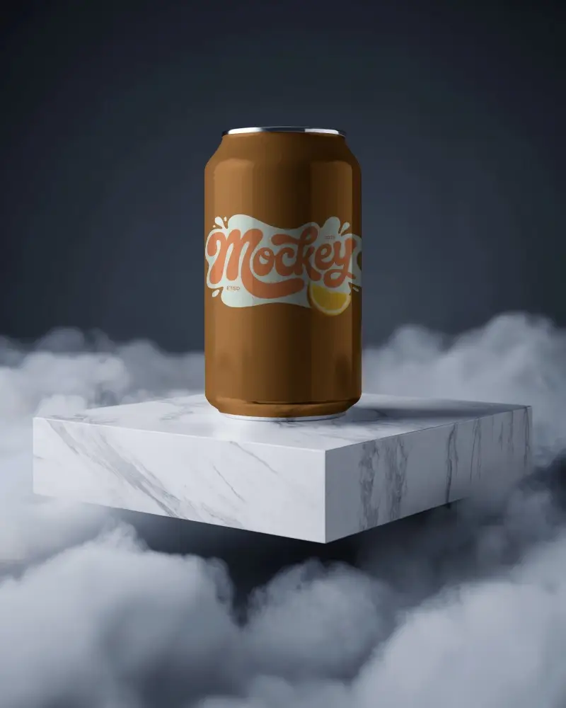 Sleek Can Mockup With Ambient Fog And Minimalist Floating Marble Presentation