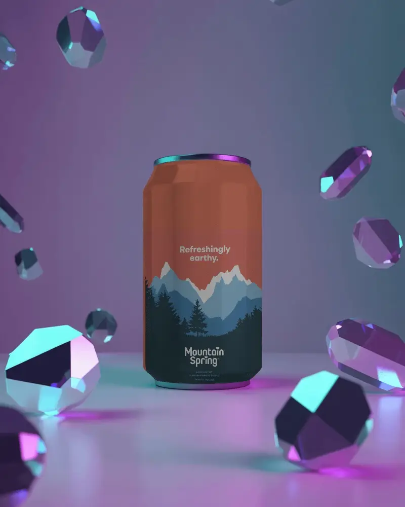 Sleek Cylindrical Can Mockup Surrounded By Floating Glowing Crystals For Product Presentation