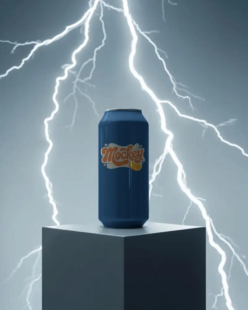 Sleek Modern Can Mockup On Minimalist Pedestal With Lightning Background For Branding