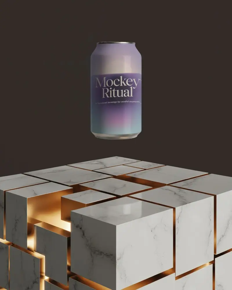 Premium Beverage Can Mockup On Futuristic Marble Blocks With Soft Glow Lighting