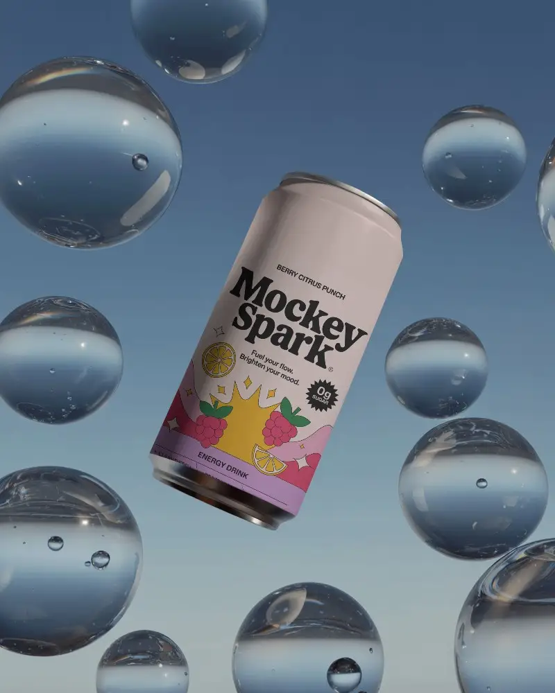 Realistic Floating Can Mockup Surrounded By Reflective Liquid Droplets In Blue Background