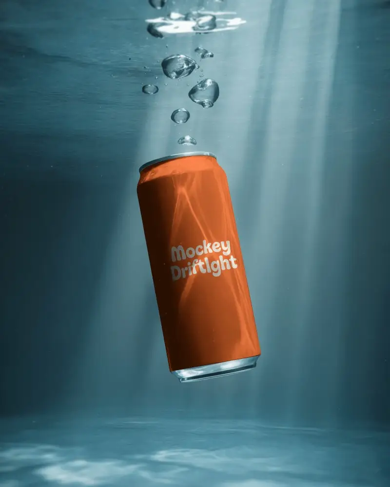Underwater Beverage Can Mockup With Bubbles For Cool Drink Advertising And Promotion