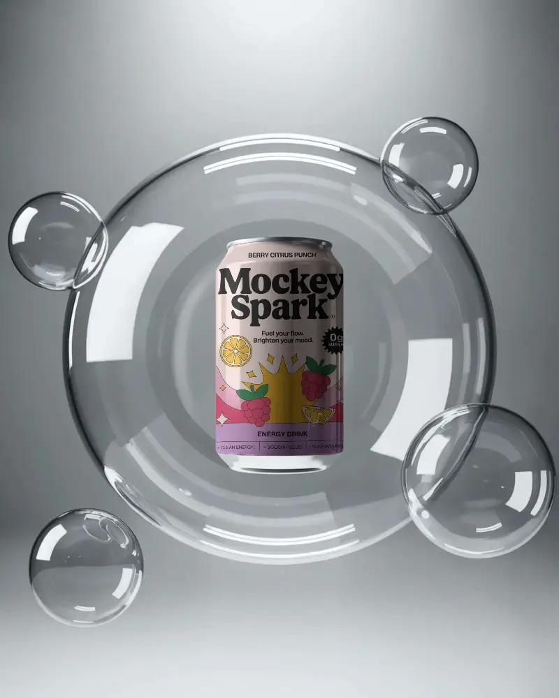 Isolated Beverage Can Mockup With Floating Transparent Bubbles For Advertising Use