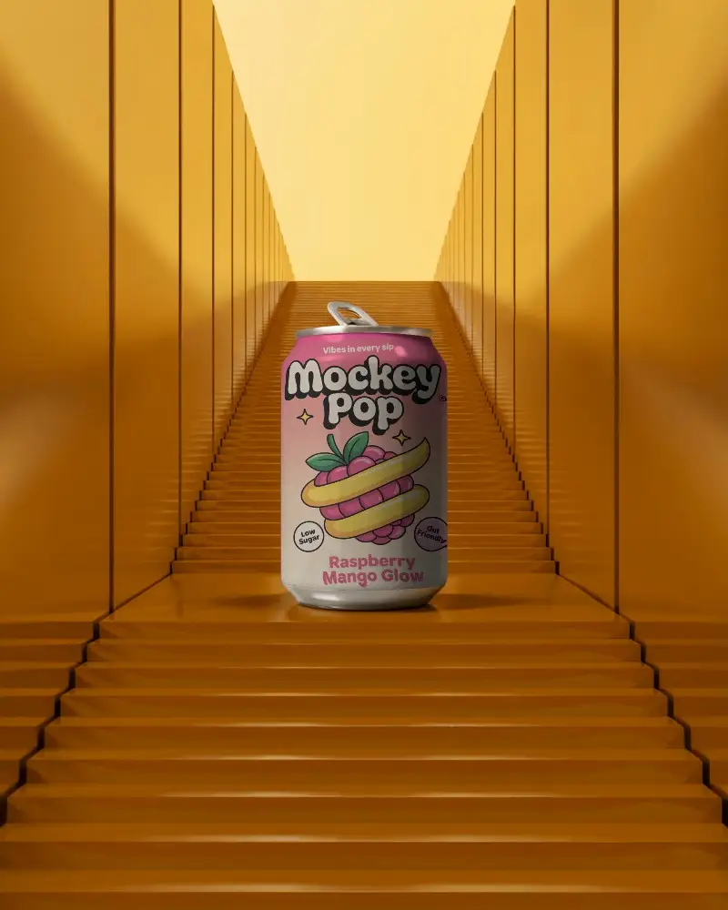 Beverage Can Mockup Display With Futuristic Staircase Background For Product Showcase