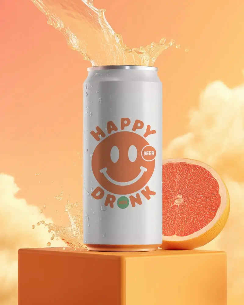 Blank Soda Can Mockup On Orange Block With Citrus Fruit And Splash Effect