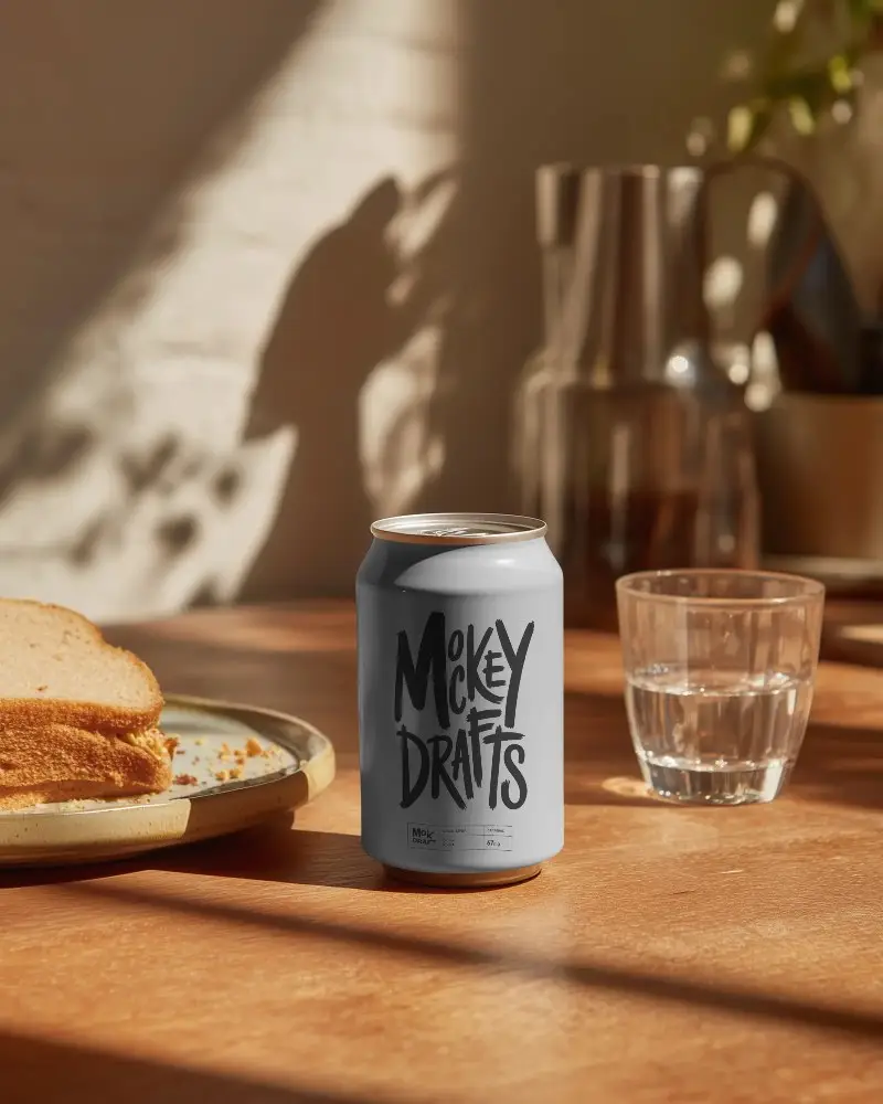 Realistic Beverage Can Mockup On Kitchen Table With Natural Light Shadows
