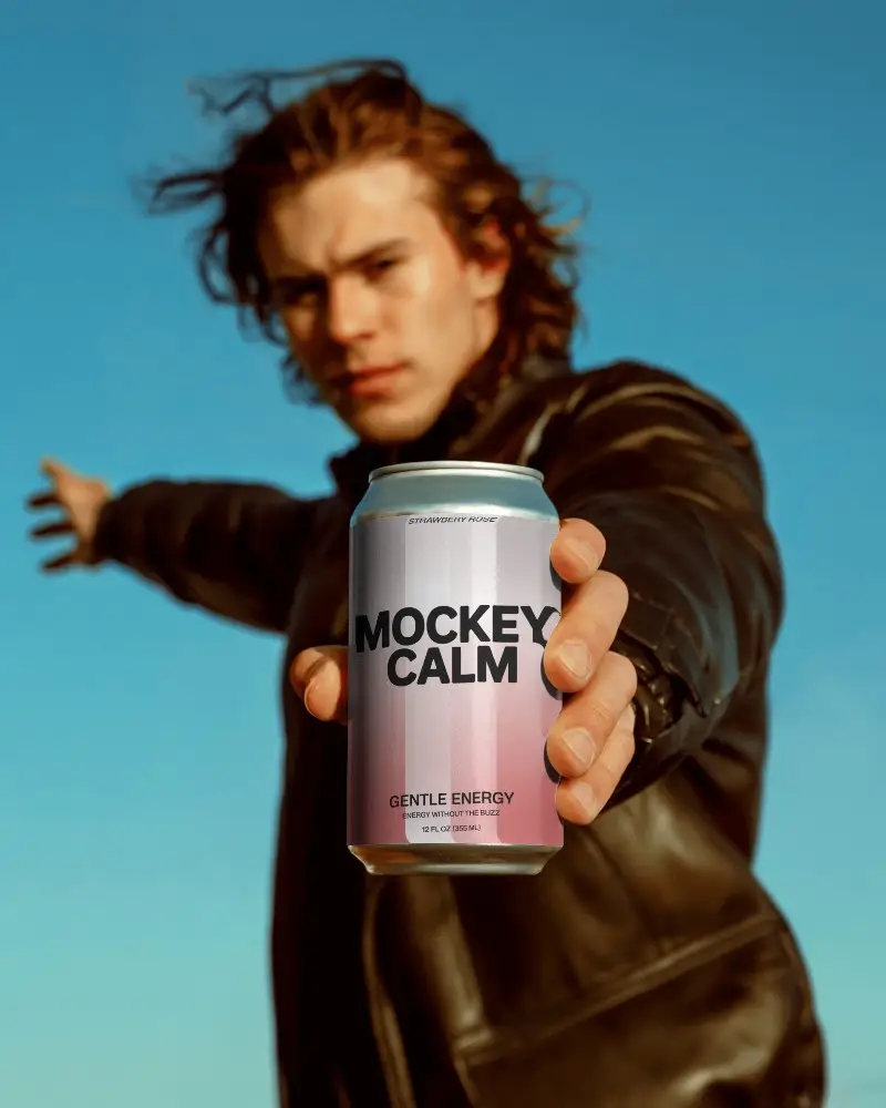 Man Holding Blank Soda Can Mockup Outdoor Blue Sky Background Creative Product Display